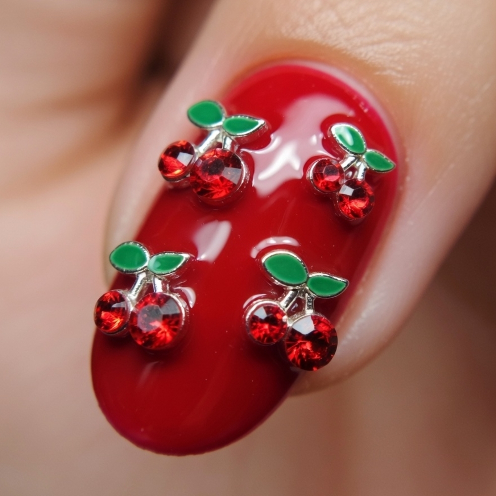 VEGASGURL2'S Red Cherry Nail Charms with Green Leaves - Cute 3D Nail Art Accents